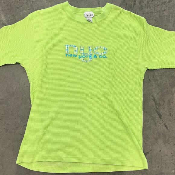 Vintage Y2k New York And Co Waffle Knit Lime Green Embroidered Graphic Tee XL - Picture 1 of 5